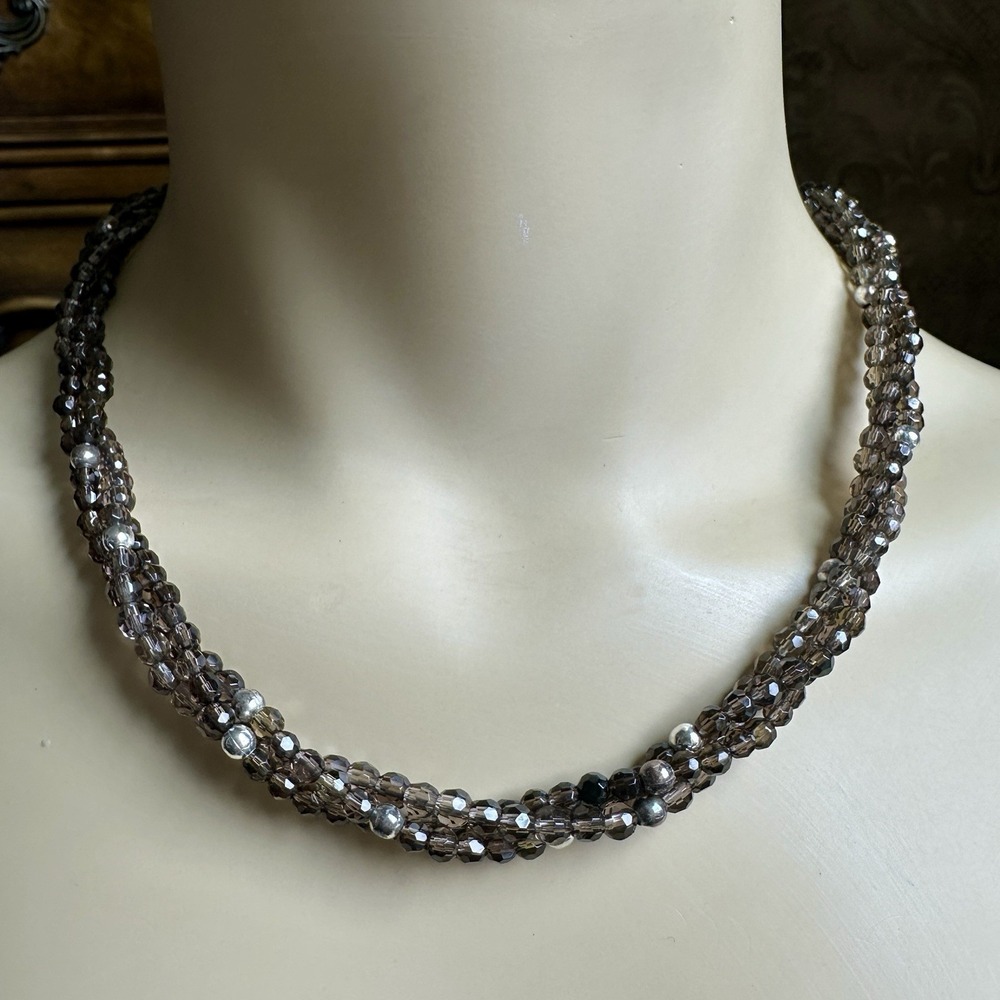 Vintage Artisan Necklace 19 Inch Faceted Smoky Quartz Beads 925 Sterling 28.6g